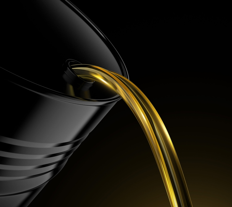 Black oil barrel on dark background. Pour golden oil. 3d render